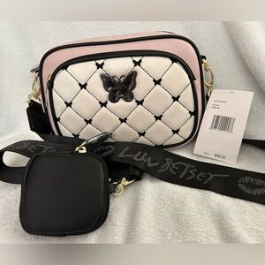 Luv Betsy by Betsey Johnson Crossbody , blush,  black quilted front butterflies